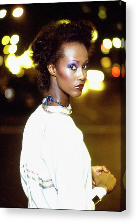 Accessories Acrylic Print featuring the photograph Iman Wearing A Silk Shirt by Arthur Elgort