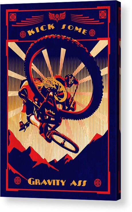 Retro Mountain Biking Poster Acrylic Print featuring the painting Kick Some Gravity Ass by Sassan Filsoof