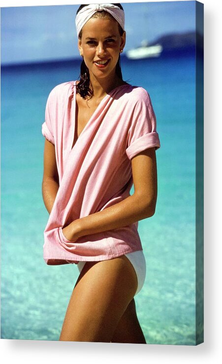 Fashion Acrylic Print featuring the photograph Lisa Taylor Wearing A Pink Top by Arthur Elgort
