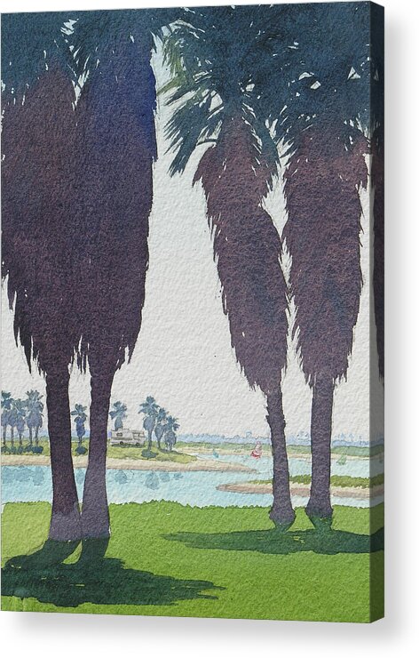 Mission Bay Acrylic Print featuring the painting Mission Bay Park with Palms by Mary Helmreich