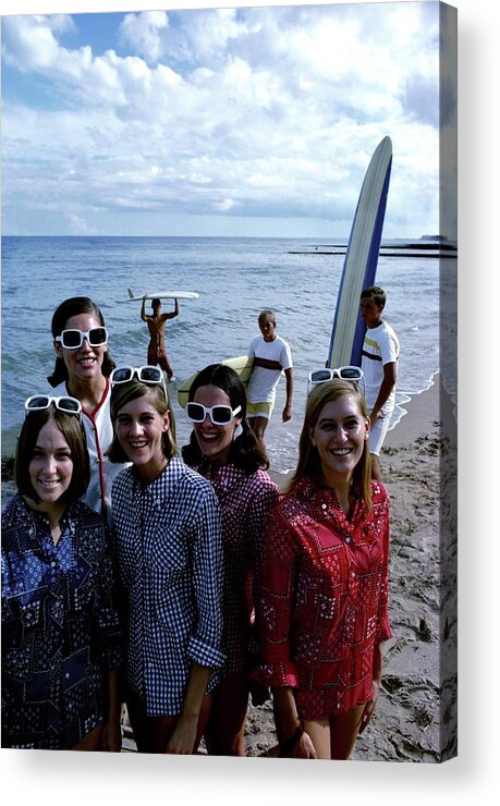 Fashion Acrylic Print featuring the photograph Models And Surfers On A Beach by William Connors