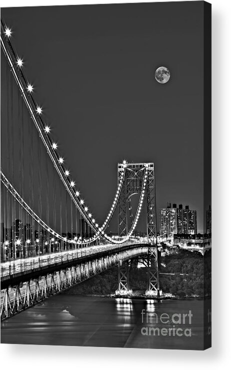 George Washington Bridge Acrylic Print featuring the photograph Moon Rise over the George Washington Bridge BW by Susan Candelario