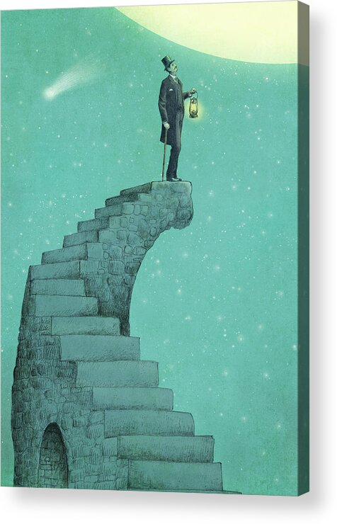 Moon Vintage Victorian Blue Green Stars Comet Top Hat Steps Staircase Astronomy Surreal Whimsical Dream Acrylic Print featuring the drawing Moon Steps by Eric Fan