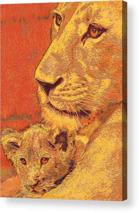 Lion Acrylic Print featuring the digital art Mother And Cub by Jane Schnetlage