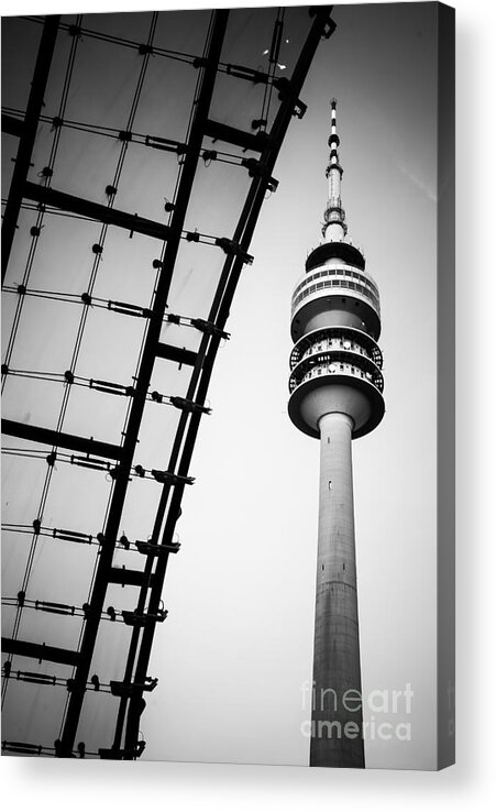 Architecture Acrylic Print featuring the photograph Munich - Olympiaturm And The Roof - Bw by Hannes Cmarits