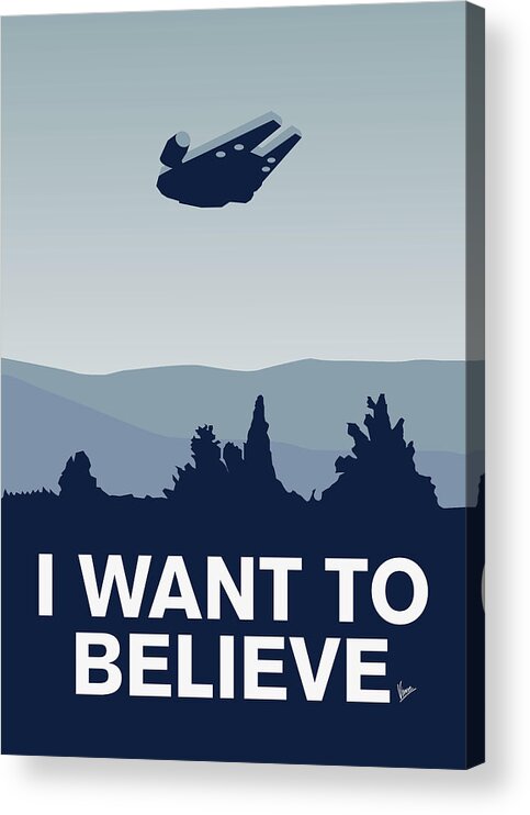 Classic Acrylic Print featuring the digital art My I want to believe minimal poster-millennium falcon by Chungkong Art