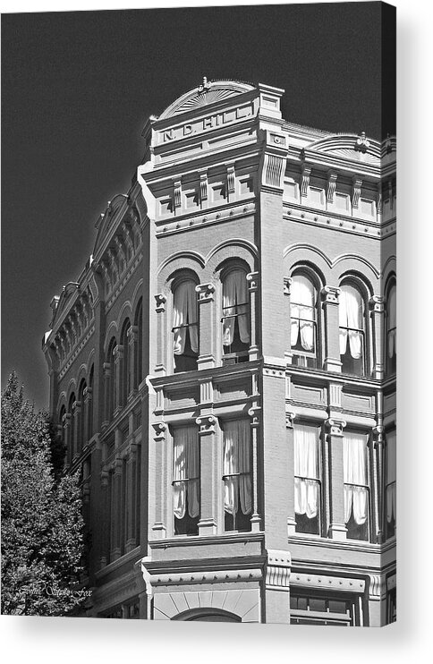 N D Hill Building Acrylic Print featuring the photograph N. D. Hill Building 1858. Port Townsend Historic District Vivid BW by Connie Fox