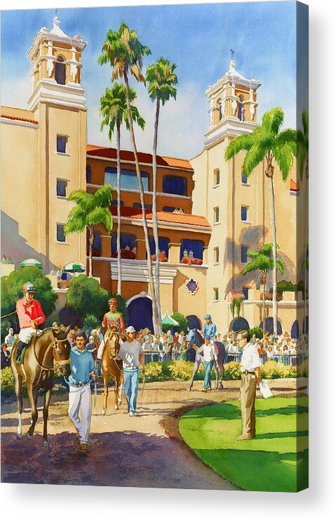 Paddock Acrylic Print featuring the painting New Paddock at Del Mar by Mary Helmreich