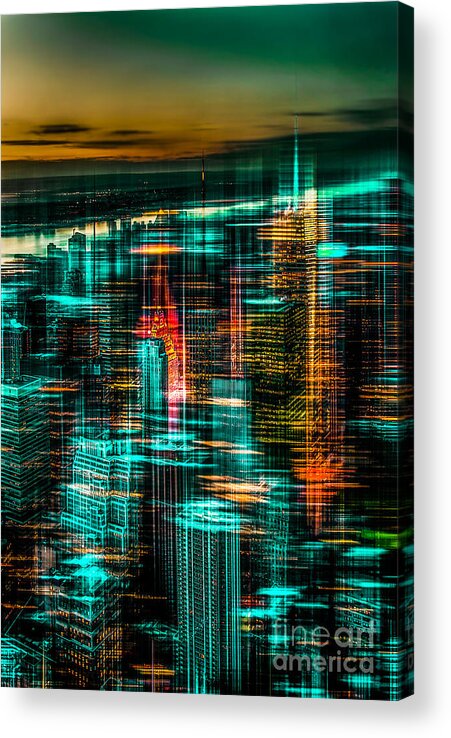 Nyc Acrylic Print featuring the photograph New York - the night awakes - green by Hannes Cmarits