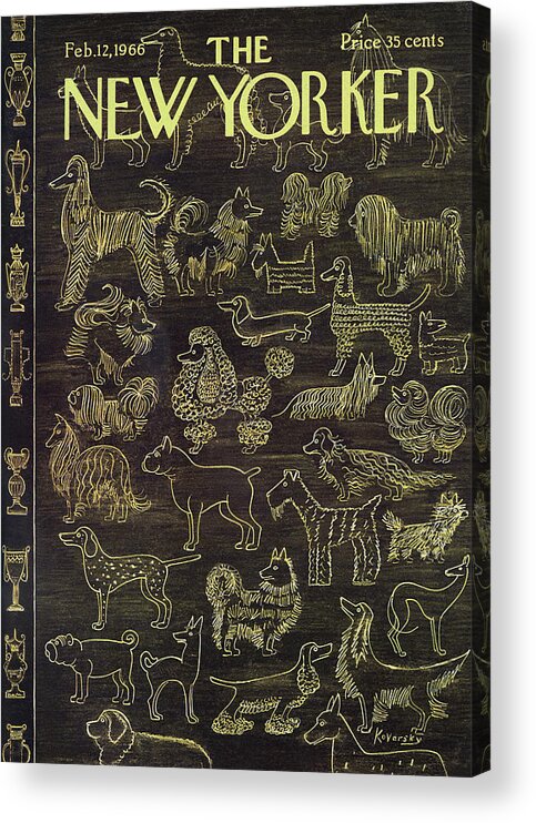 (different Varieties Of Dogs With Different Trophies Lined Up Along The Side.) Animals Contests Dog Shows Anatole Kovarsky Anatol Kovarsky Ako Artkey 47506 Bullterrier Acrylic Print featuring the painting New Yorker February 12th, 1966 by Anatol Kovarsky