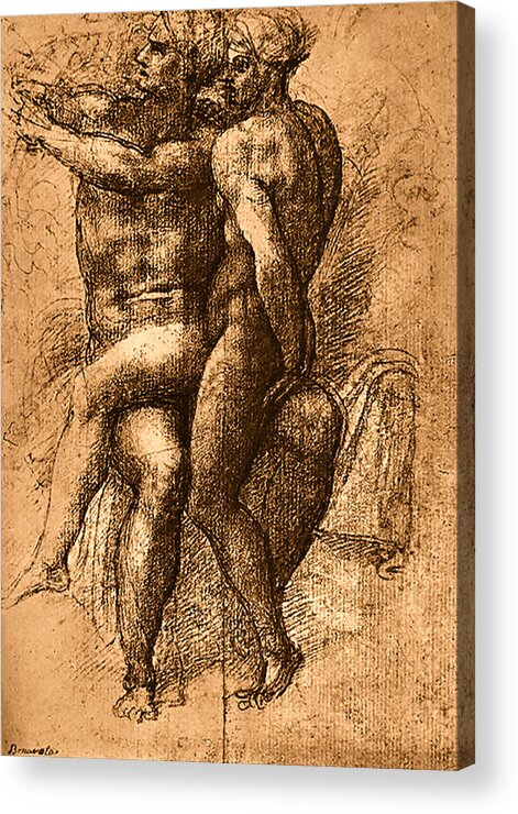 Nude Study Number One Acrylic Print featuring the painting Nude Study Number One by Michelangelo Buonarroti