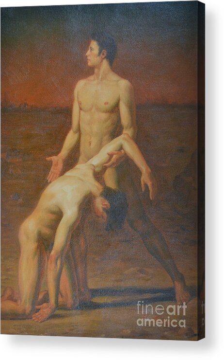 Original Acrylic Print featuring the painting Original Classic Oil Painting Body Art - Two Male Nude- 034 by Hongtao Huang