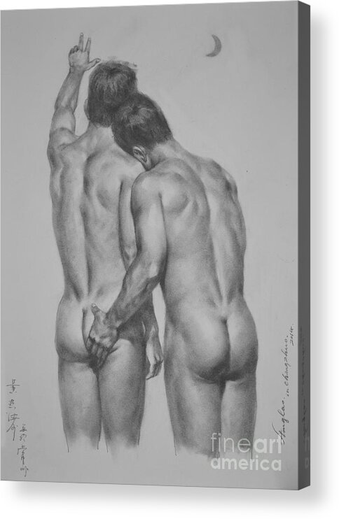 Original Art Acrylic Print featuring the painting Original Drawing Sketch Charcoal Chalk Male Nude Gay Man Moon Art Pencil On Paper By Hongtao by Hongtao Huang