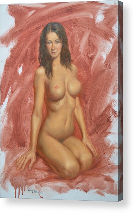 Original Acrylic Print featuring the painting Original Oil Painting Nude Girl Art Female Nude On Canvas#16-2-6-04 by Hongtao Huang