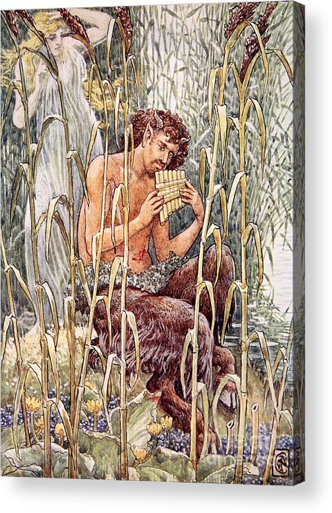 Male Acrylic Print featuring the painting Pan Playing His Pipes by Walter Crane