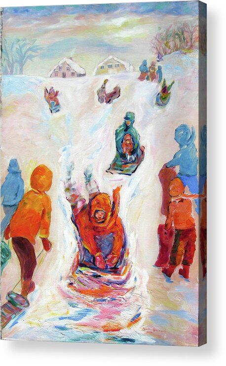 Kids Tobogganing Acrylic Print featuring the painting Prairie Winter Fun by Naomi Gerrard