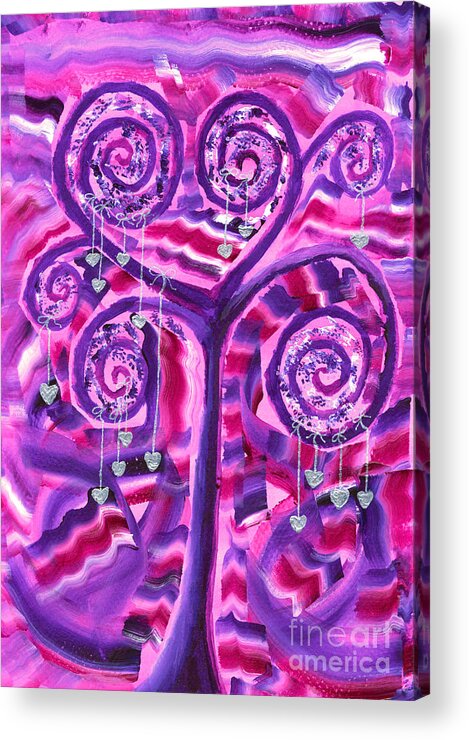 Purple Tree Acrylic Print featuring the painting Purple Tree with Little Silver Hearts Acrylic Painting by Beverly Claire Kaiya