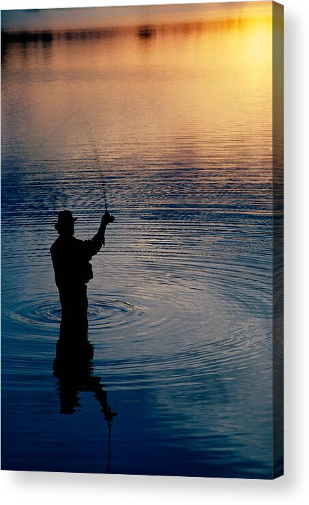 Photography Acrylic Print featuring the photograph Rear View Of Fly-fisherman Silhouetted by Panoramic Images