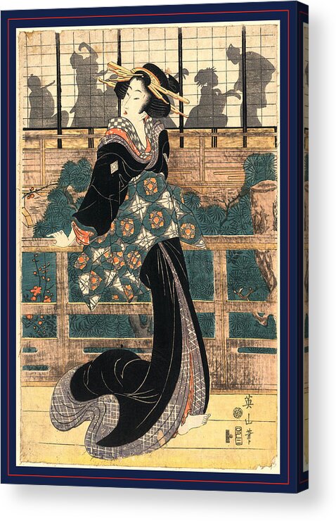 1787-1867 Acrylic Print featuring the drawing Roka No Geigi, Entertainer Standing On A Veranda by Kikukawa, Eizan (1787-1867), Japanese