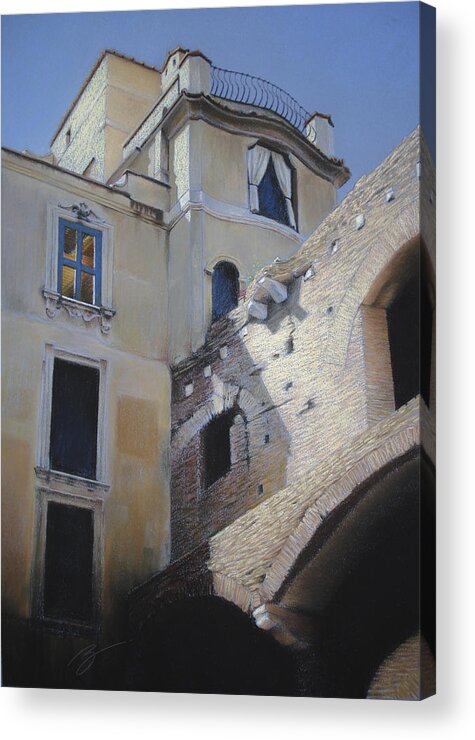 Pastel Acrylic Print featuring the pastel Roman Apartments - Pastel by Ben Kotyuk