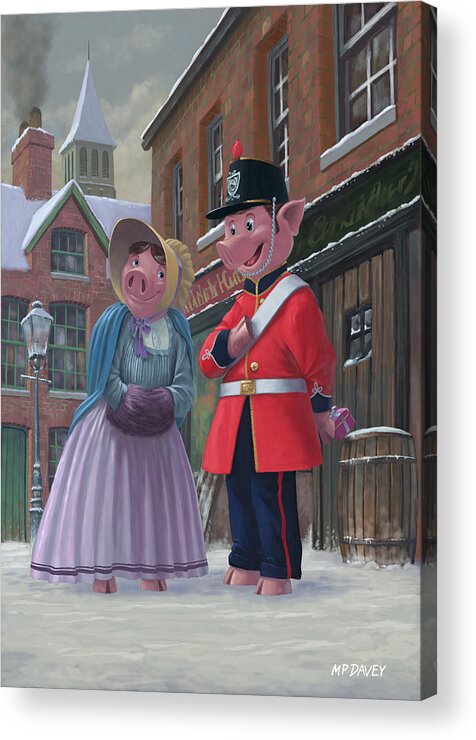 Romance Acrylic Print featuring the painting Romantic Victorian Pigs In Snowy Street by Martin Davey