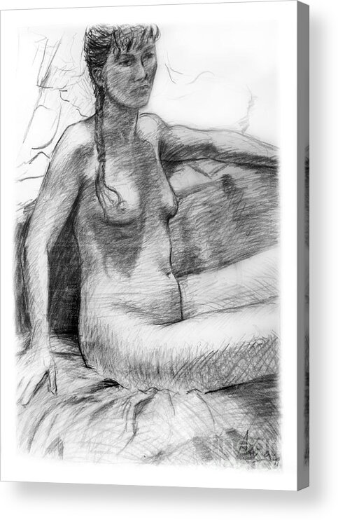 Adam Long Acrylic Print featuring the drawing Seated nude female figure drawing by Adam Long
