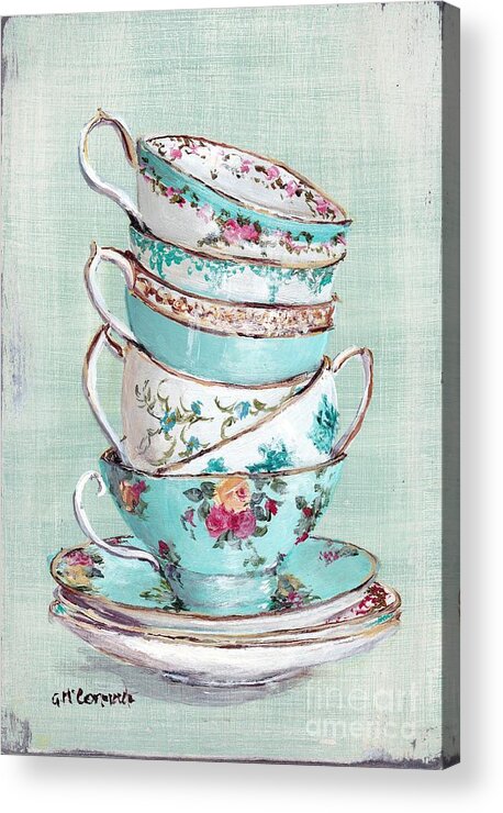 Aqua Themed Tea Cups Acrylic Print featuring the painting Stacked Aqua Themed Tea Cups by Gail McCormack