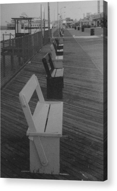 Seaside Heights Acrylic Print featuring the photograph Summer Benches Seaside Heights NJ BW by Joann Renner