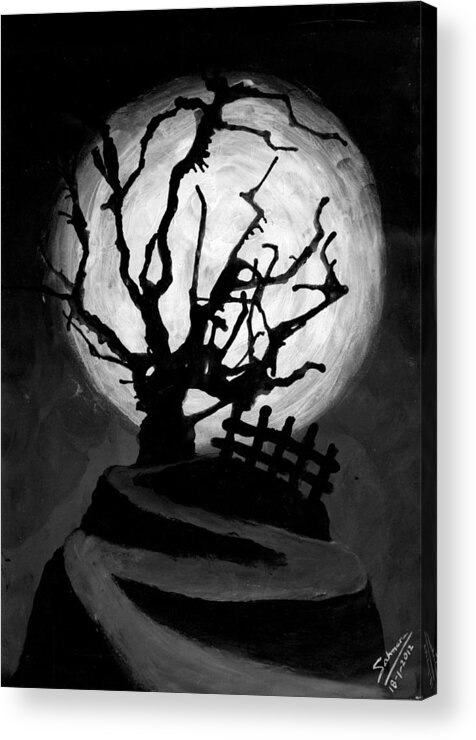 Wallpaper Buy Art Print Phone Case T-shirt Beautiful Duvet Case Pillow Tote Bags Shower Curtain Greeting Cards Mobile Phone Apple Android Nature Horror Black And White Halloween Creepy Festive Tree Nature Landscape Wildlife Moon Vampire Ghost Hunting Gothic Dark Scary Salman Ravish Khan Acrylic Print featuring the painting The Crooked Tree by Salman Ravish