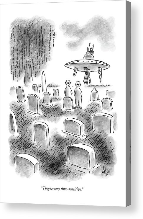 Dead Death Grave Cemetery Aliens Ufo Gravestones 

(two Aliens Standing In A Graveyard Looking At The Gravestones.) 120052 Fco Frank Cotham Acrylic Print featuring the drawing They're Very Time-sensitive by Frank Cotham