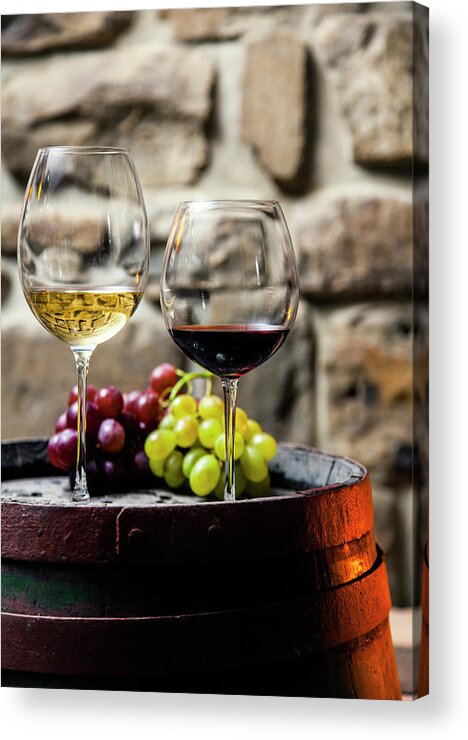 Alcohol Acrylic Print featuring the photograph Two Glasses Of Red And White Wine In by Piranka