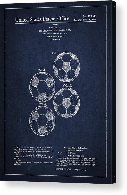 Soccer Acrylic Print featuring the digital art Vintage Soccer Ball Patent Drawing from 1964 by Aged Pixel