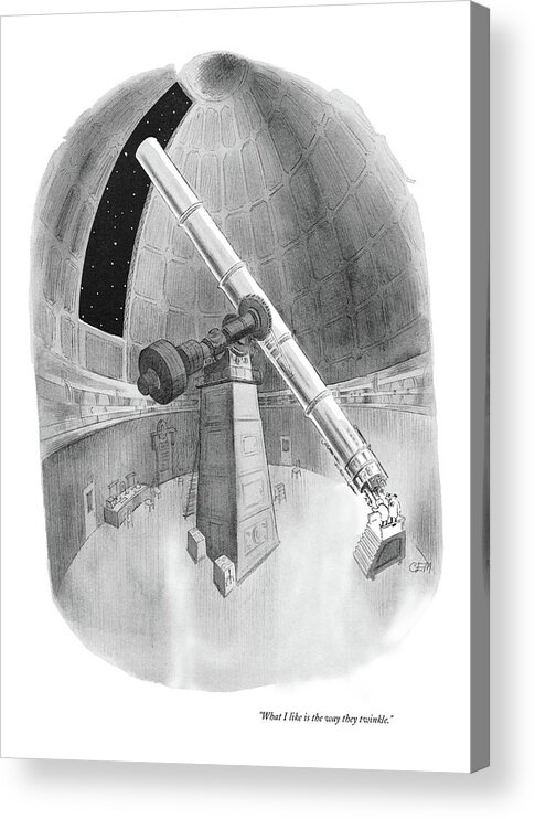 
(two Astronomers Looking At Stars Through A Giant Telescope In An Observatory.) Science Space Nature Artkey 44773 Acrylic Print featuring the drawing What I Like Is The Way They Twinkle by Charles E. Martin