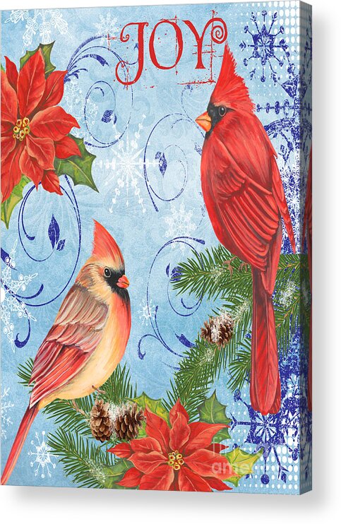 Watercolor Painting Acrylic Print featuring the mixed media Winter Blue Cardinals-Joy Card by Jean Plout