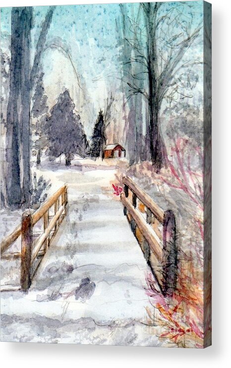 Watercolor Acrylic Print featuring the painting Winter Bridge by Deb Stroh-Larson