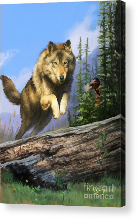Wolf Acrylic Print featuring the painting Wolf Run Indian Hunter by Robert Corsetti