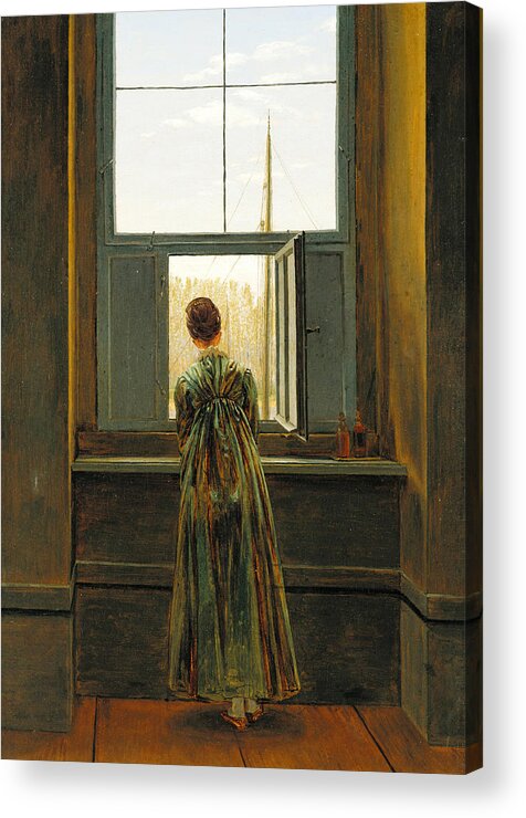 Caspar David Friedrich Acrylic Print featuring the painting Woman at a Window by Caspar David Friedrich