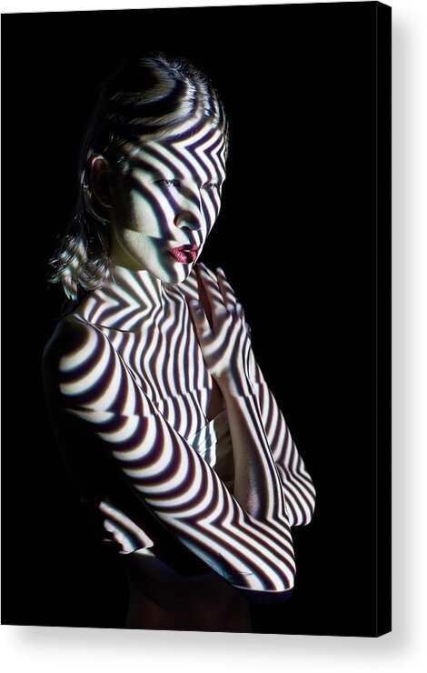 People Acrylic Print featuring the photograph Woman In Abstract Lighting Looking To by Mads Perch