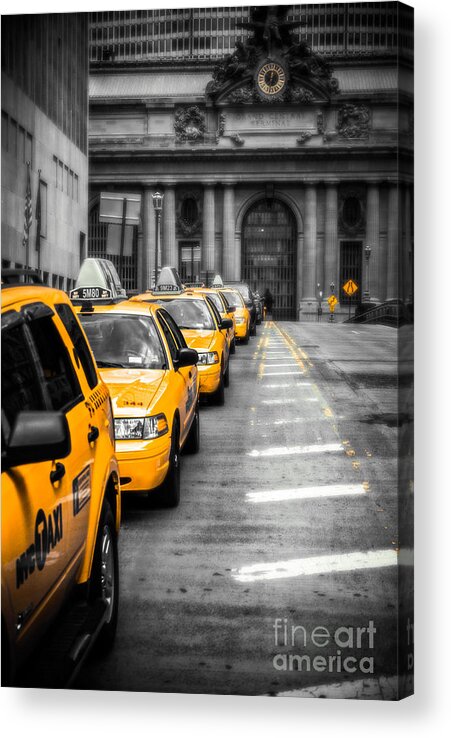 Nyc Acrylic Print featuring the photograph Yellow Cabs waiting - Grand Central Terminal - bw o by Hannes Cmarits