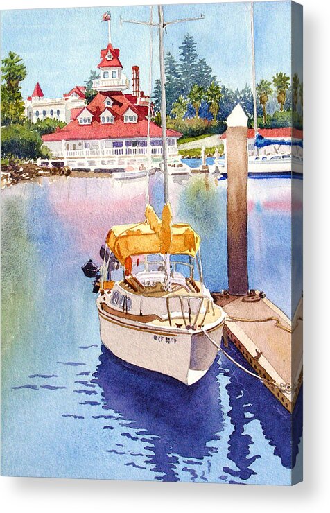 Sailboat Acrylic Print featuring the painting Yellow Sailboat and Coronado Boathouse by Mary Helmreich