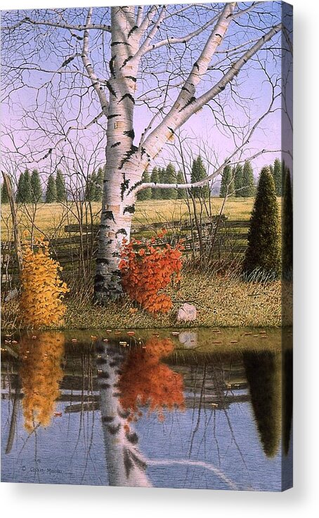 Landscape Acrylic Print featuring the painting Autumn Birch at the Pond by Conrad Mieschke