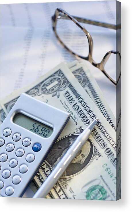 Vertical Acrylic Print featuring the photograph Calculator, Pen And Banknotes by Tetra Images