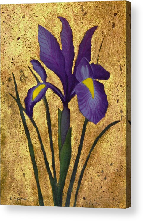 Iris Acrylic Print featuring the mixed media Flag Iris with Gold Leaf by Kerri Ligatich