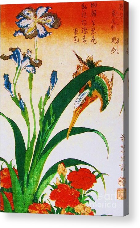 Ukiyo-e Acrylic Print featuring the painting Kingfisher with pinks and Irisies by Thea Recuerdo