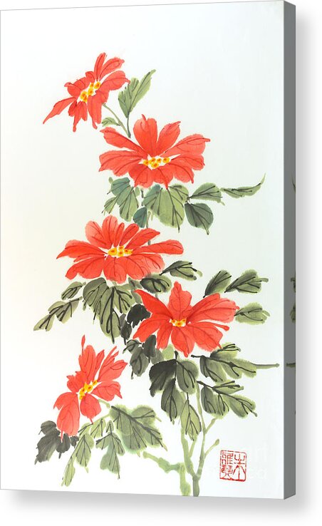 Red Flowers Acrylic Print featuring the painting Poinsettias by Yolanda Koh