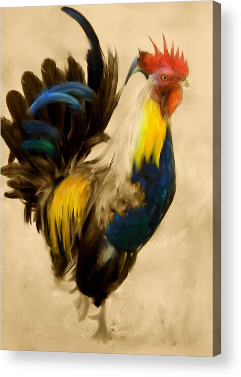 Rooster Acrylic Print featuring the painting Rooster On The Prowl 2 - Vintage Tonal by Georgiana Romanovna