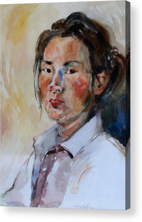 Watercolor Acrylic Print featuring the painting Self Portrait 1 - 2009 by Becky Kim