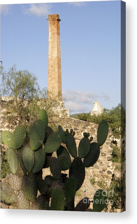 Mexico Acrylic Print featuring the photograph SMOKESTACK AND CACTUS Mineral de Pozos Mexico by John Mitchell