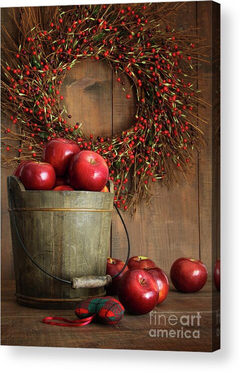 Apple Acrylic Print featuring the photograph Wood bucket of apples for the holidays by Sandra Cunningham