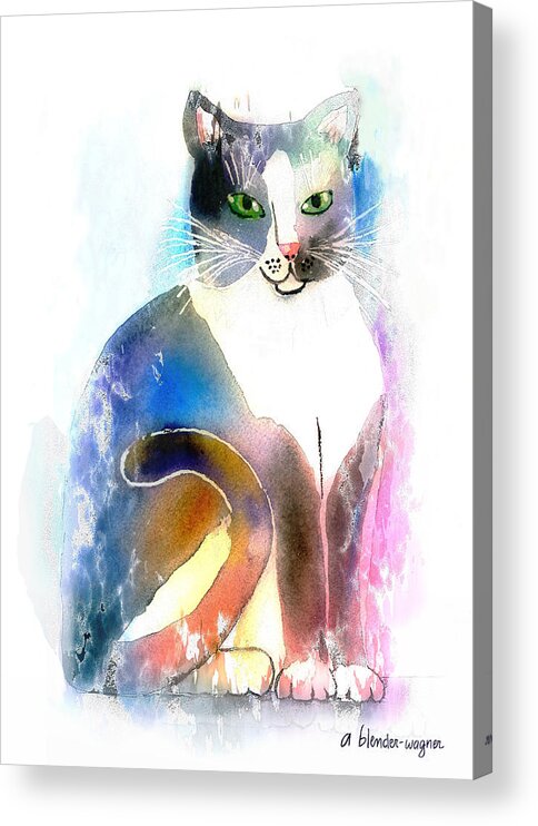 Cat Acrylic Print featuring the mixed media Cat Of Many Colors #1 by Arline Wagner